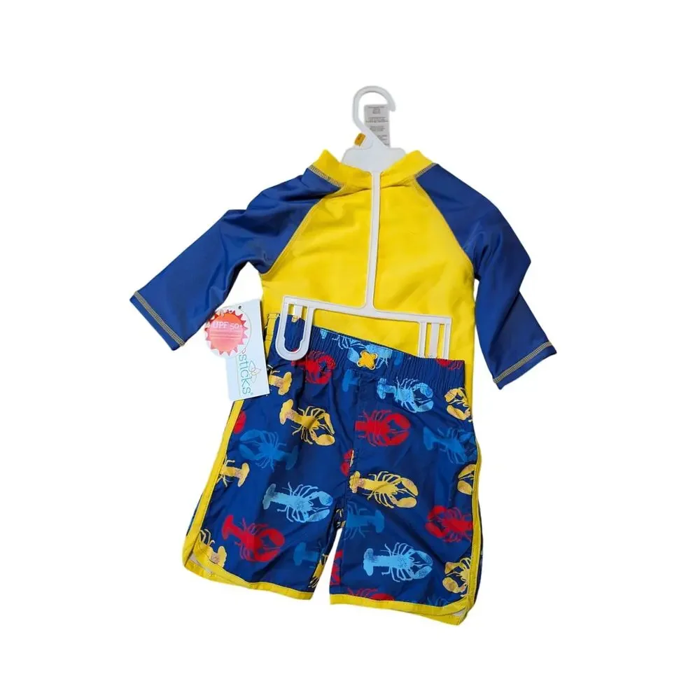 Candlesticks Boy's Swim suit shorts & rash guard, Lobster, 3T, UPF 50;